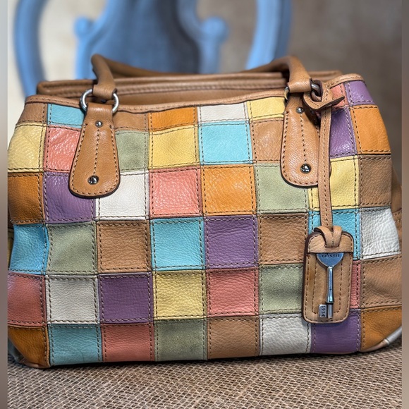 Fossil Multi Colored Patchwork Leather and Suede Handbag Vintage - Picture 3 of 13